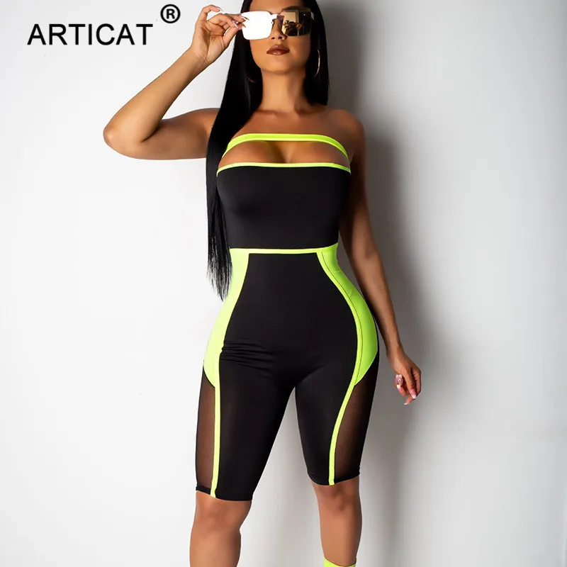 Articat сетки лоскутное без бретелек Bodycon комбинезон для женщин с открытыми плечами прозрачные летние женские комбинезоны с открытой спиной костюм для вечеринки