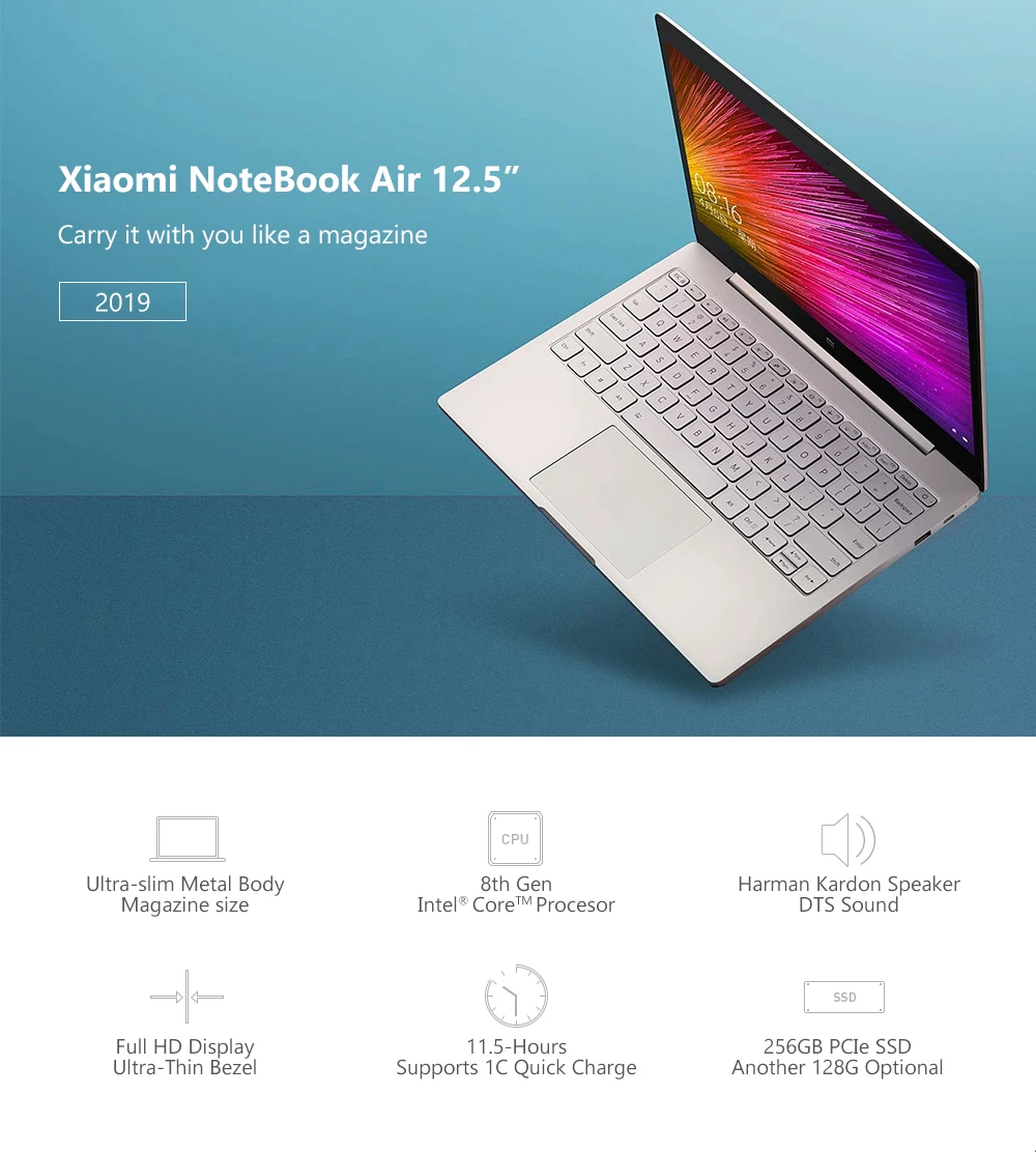 Ноутбук Xiaomi mi Air, 12,5 дюймов, Windows 10, Intel Core m3-8100Y, двухъядерный, 1,1 ГГц, 4 Гб, 128 ГБ, HD mi, ноутбук