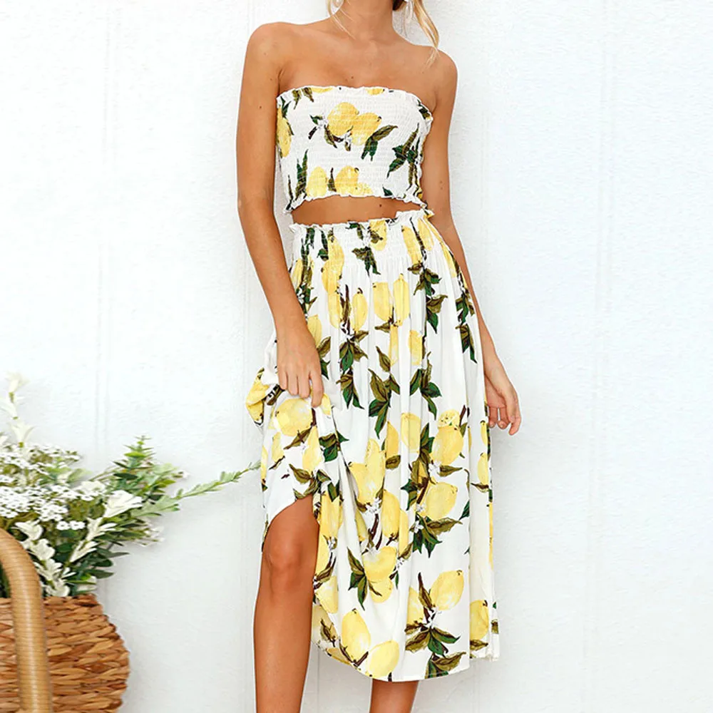 Женский летний комплект из 2 предметов пляжный костюм блузки и юбки с лимонным