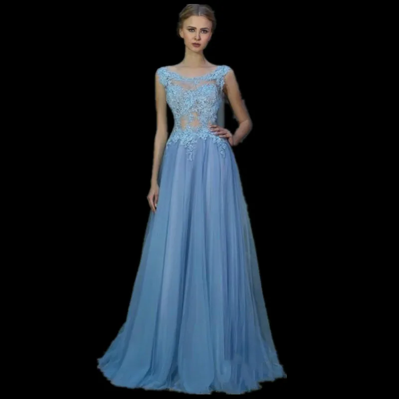 Vestido Де Феста Элегантный Вечерние Платья Носить Line Scoop Sheer Шеи Аппликации Из