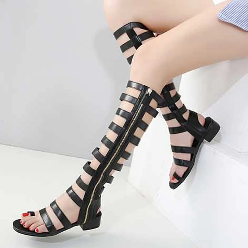 2019 Summer Women Sandals Open Toe Knee High Boots Zipper Gladiator Cover Heel Flat Casual size 35-41 | Обувь