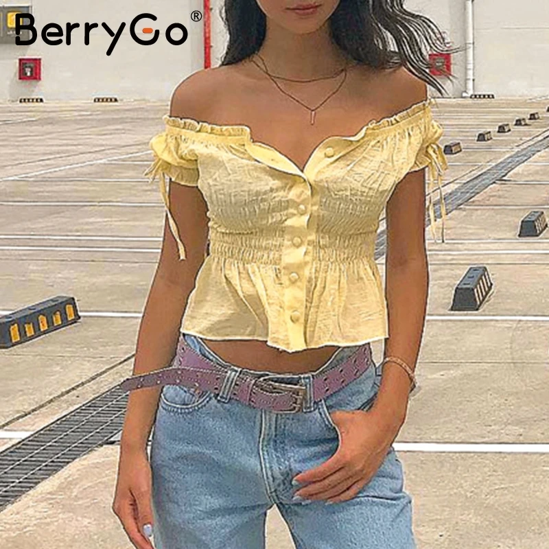 BerryGo Vintage off shoulder women crop top Ruched ruffle button summer blouse shirt Casual streetwear lace up ladies tops blusa |