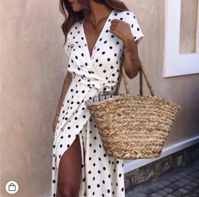 Женское платье в горошек с высоким разрезом белое пляжное ТРАПЕЦИЕВИДНОЕ ПЛАТЬЕ