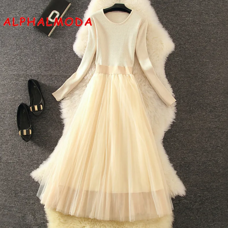 ALPHALMODA новинка вязаный свитер с длинными рукавами Лоскутная марлевая юбка