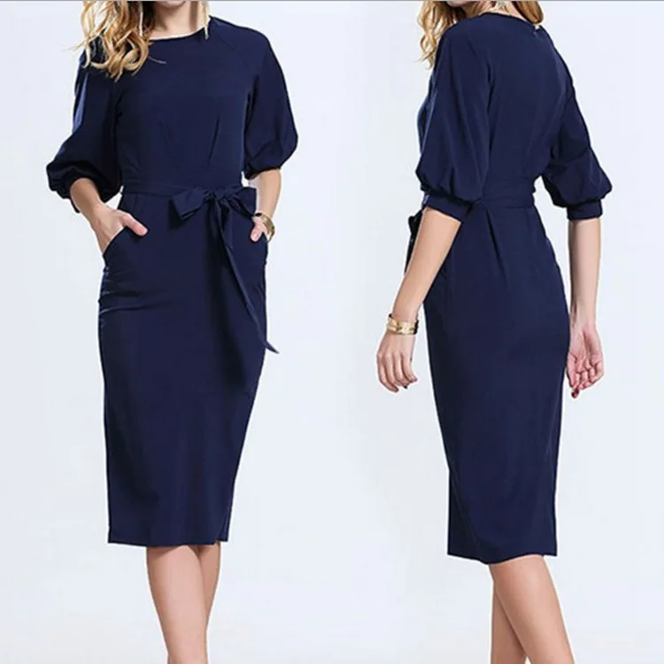 LKGHULO 2018 Women Midi Dress Elegant Peplum Vintage Dresses Casual Work Office Party Bodycon Belt Pencil Sheath A44 | Женская одежда