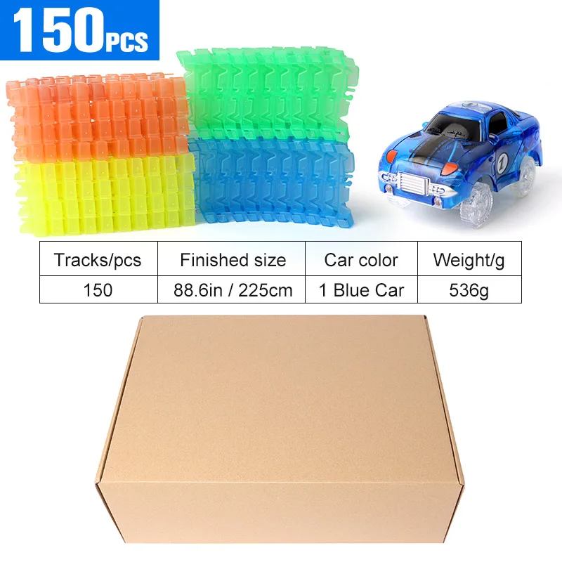 150pcs 1 blue car Волшебные треки, светящиеся гоночные треки, гибкие сборные автомобильные игрушки, светящиеся гоночные треки, набор, вспышка в темноте, мини-вагон, игрушки для мальчиков - Цвет: 150pcs 1 blue car