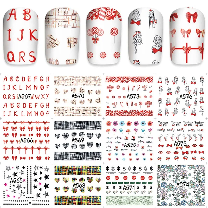 Смешанные 12 листов/партия для ногтей переводятся с помощью воды декоративные