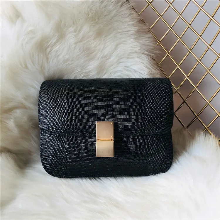 black small Сумки из натуральной кожи для женщин ящерица в полоску коробка на одно плечо косой через маленькие квадратные пакеты - Цвет: black small
