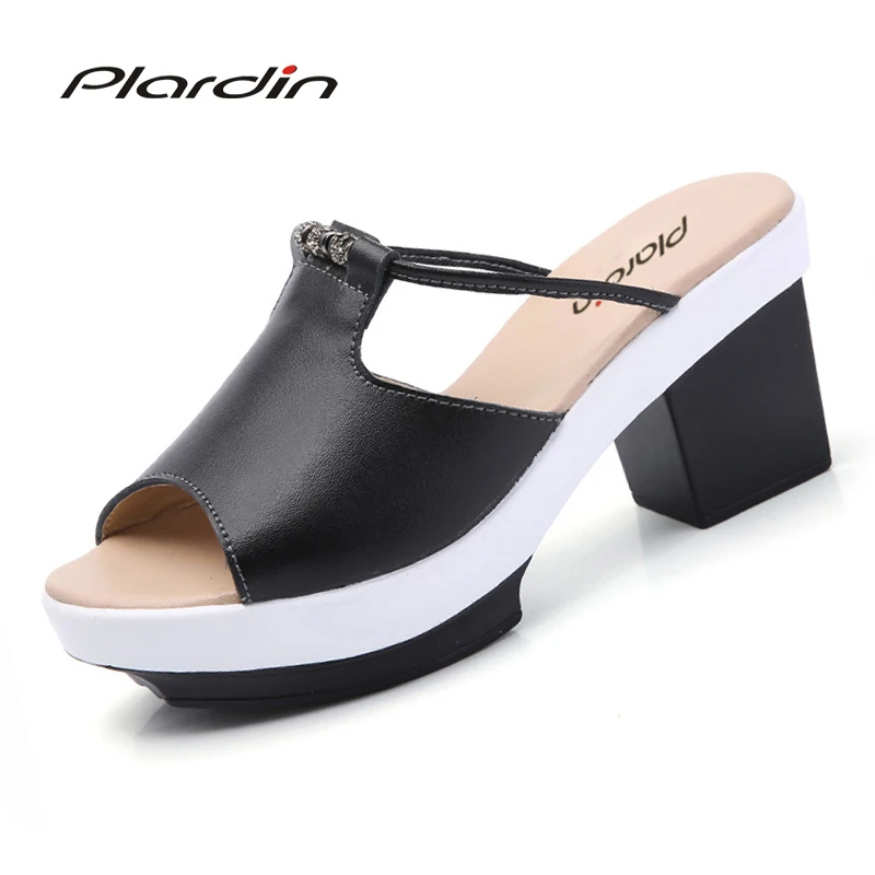 Plardin New Summer Casual Women's Peep Toe Platform Crystal Sandals Rhinestone Square Heel Beach High Shoes Woman | Обувь