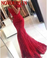 2019 red mermaid prom evening dresses long off shoulder beaded crystals applique lace floor length formal evening party gown