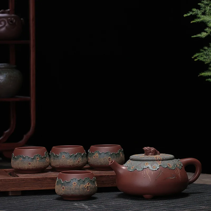 Yixing Purply Clay tea Teapot Raw Ore Purple Mud Gold Toad Lotus Leaf Pot Chinese Kongfu Tea Pots 4 cups 1 teapot | Дом и сад