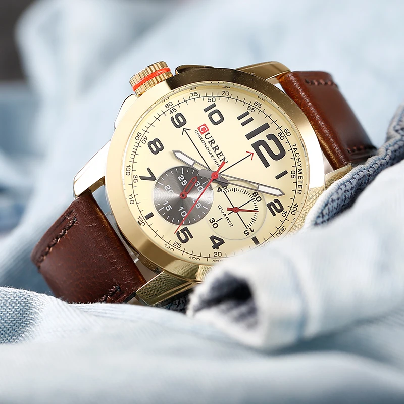 Часы Curren Мужские лучший бренд роскошные из коровьей кожи ремешок кварцевые часы