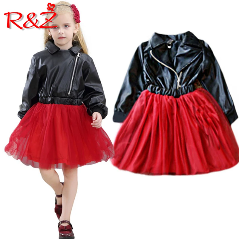 R&ampZ Baby Girls Dress 2018 Autumn Fashion Lapel Zipper Leather Diamond Print Long Sleeve Mesh Tutu for Kids Clothing | Детская одежда