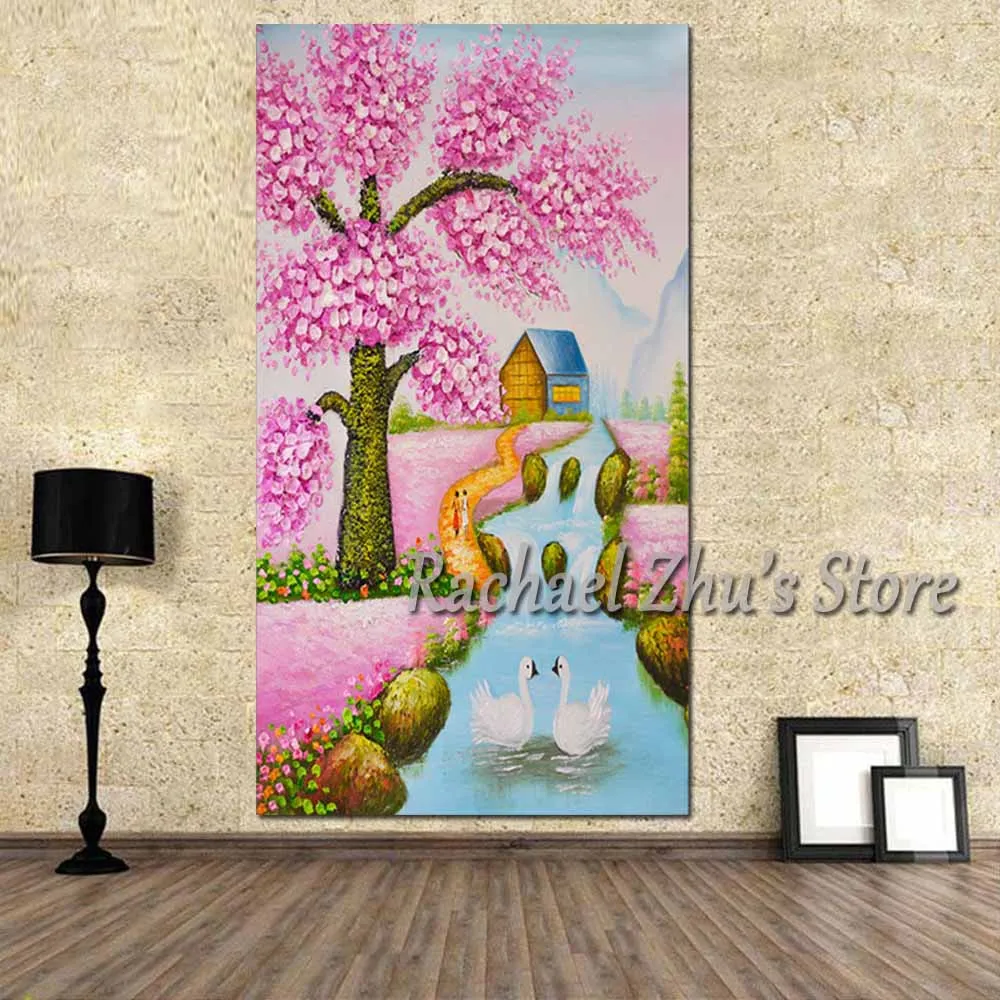

Hand Painted Palette Knife Pink Tree Flower Landscape Oil Painting On Canvas River Wall Picture Living Room Home Wall Decor Art