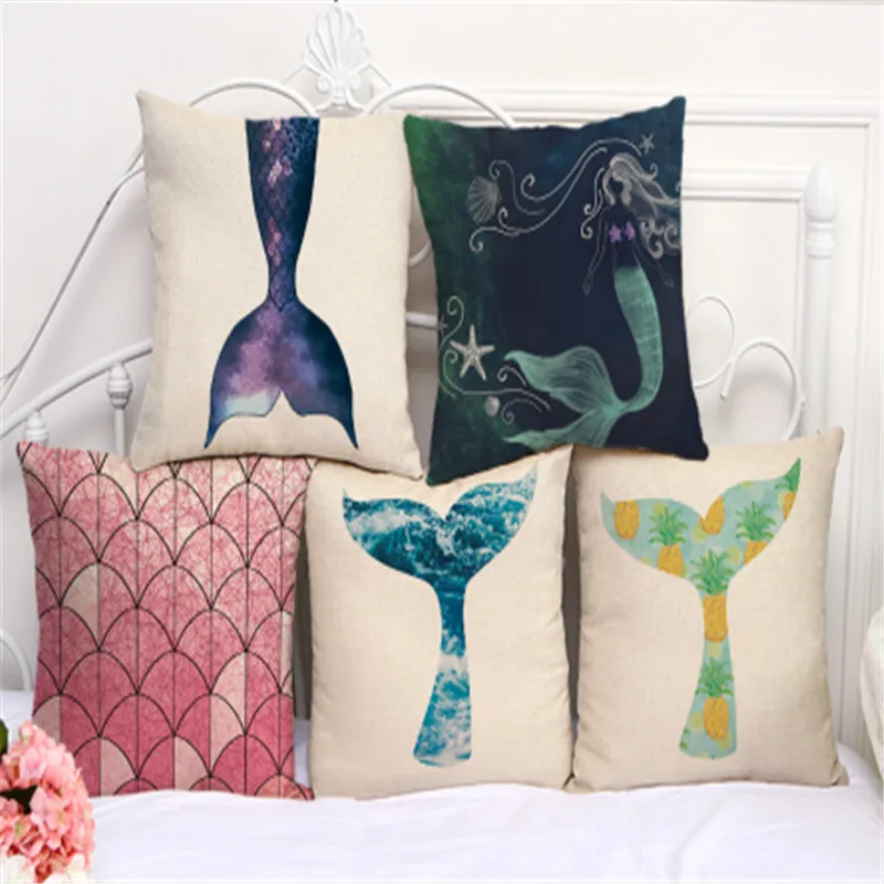 

Cartoon Mermaid Series Cushion Cover Cotton Linen Square Sofa Pillowcase Car Cushion cover