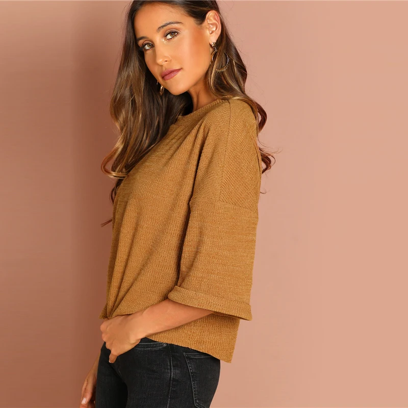 SHEIN Однотонный Джемпер С Заниженной Линией Плеч, Повседневный Женский Топ С длинным Рукавом