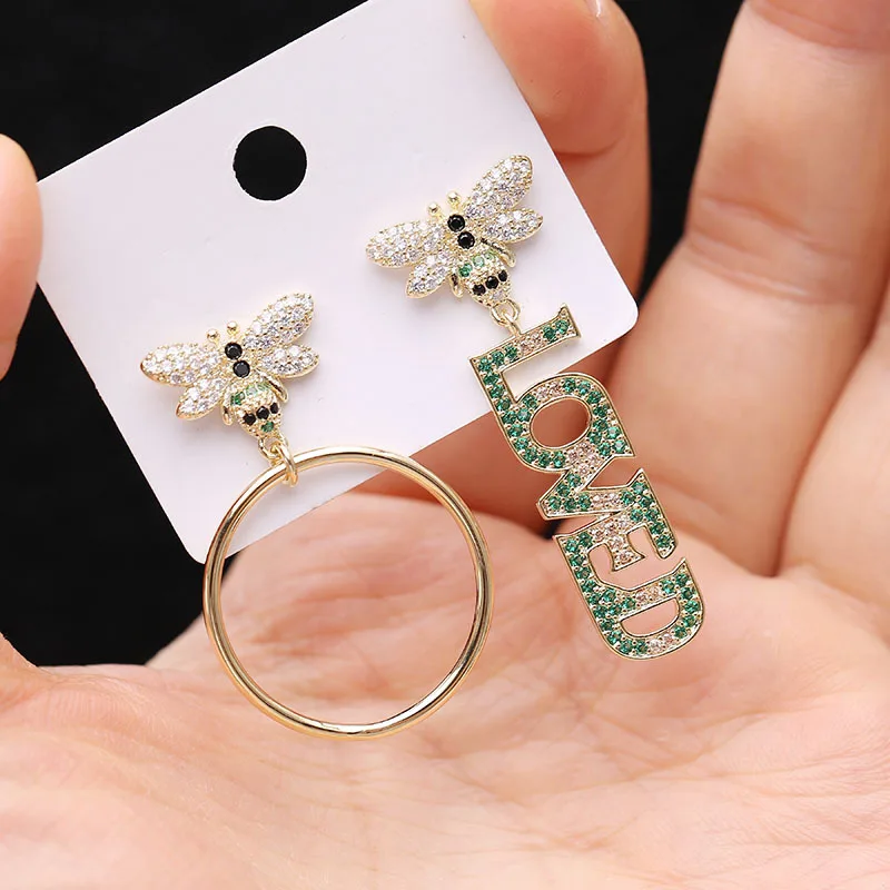 S925 Серебряные иглы Модные асимметричные серьги в виде пчел микро мозаика AAA+ Топ CZ Кристаллы круг/письмо кулон серьги для женщин