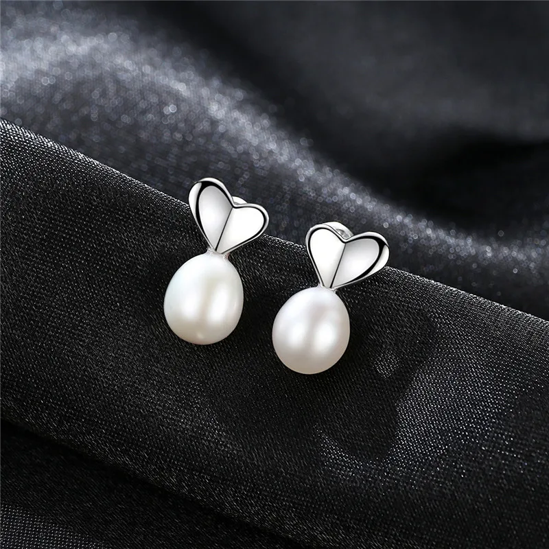 7-8mm Purple Freshwater Pearl Stud Earrings Sterling Silver 925 Jewelry Fashion Simple Heart Earring for Women |