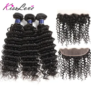 Поцелуй Любовь бразильские глубокая волна человеческие волосы пучки с фронтальной связкой 34 пучки с фронтальной Remy волосы