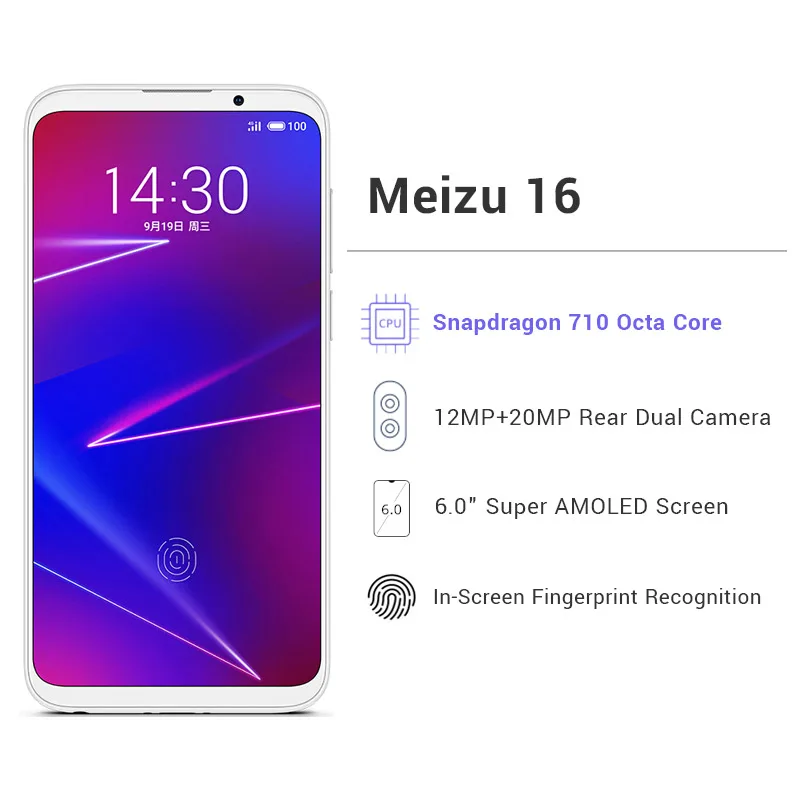Официальная глобальная версия Meizu 16, 6 ГБ ОЗУ, 64 Гб ПЗУ, Восьмиядерный процессор Snapdragon 710, 6,0 дюймов, 2160x1080 P, передняя панель, МП, встроенный экран, отпечаток пальца
