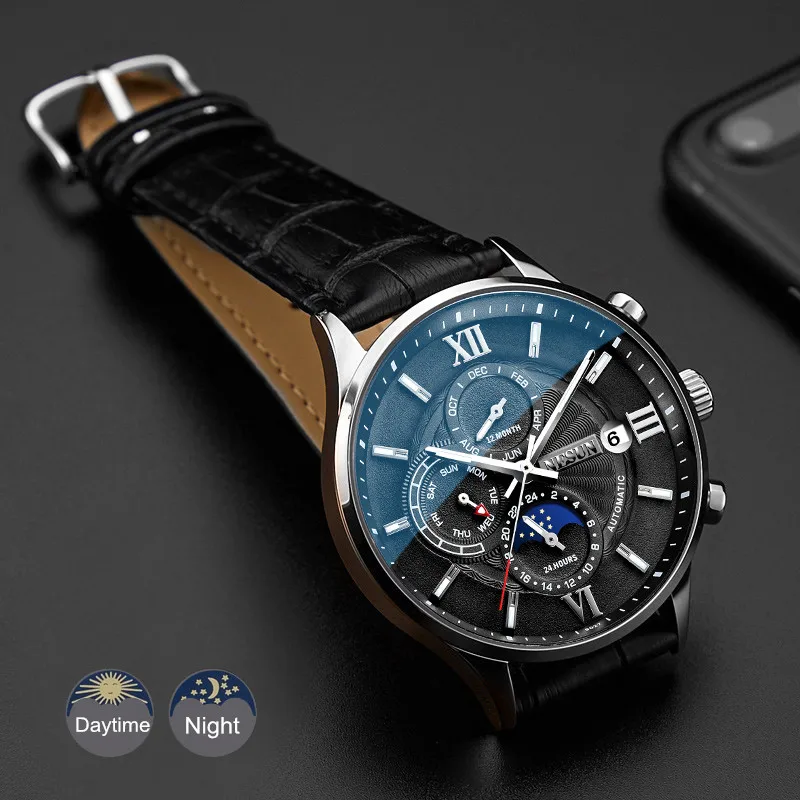 Автоматические часы NESUN модные водонепроницаемые мужские с датой неделей луной