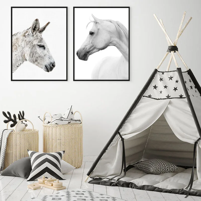 Каваи черный белый кролик стены искусства Смешные животные холст живопись милые