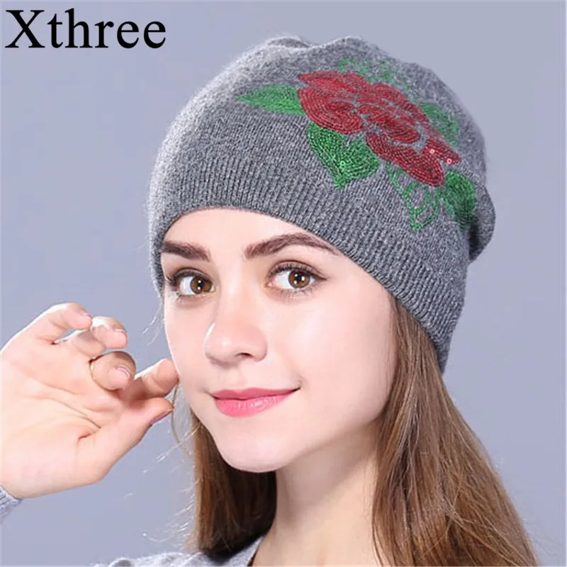 no pom gray Xthree, женская зимняя шапка, Вязаная Шапка-бини, шапка для женщин, вышивка пайетками, натуральный мех, помпон, шерстяная шапка Skullie, шапка для девочек gorro - Цвет: no pom gray