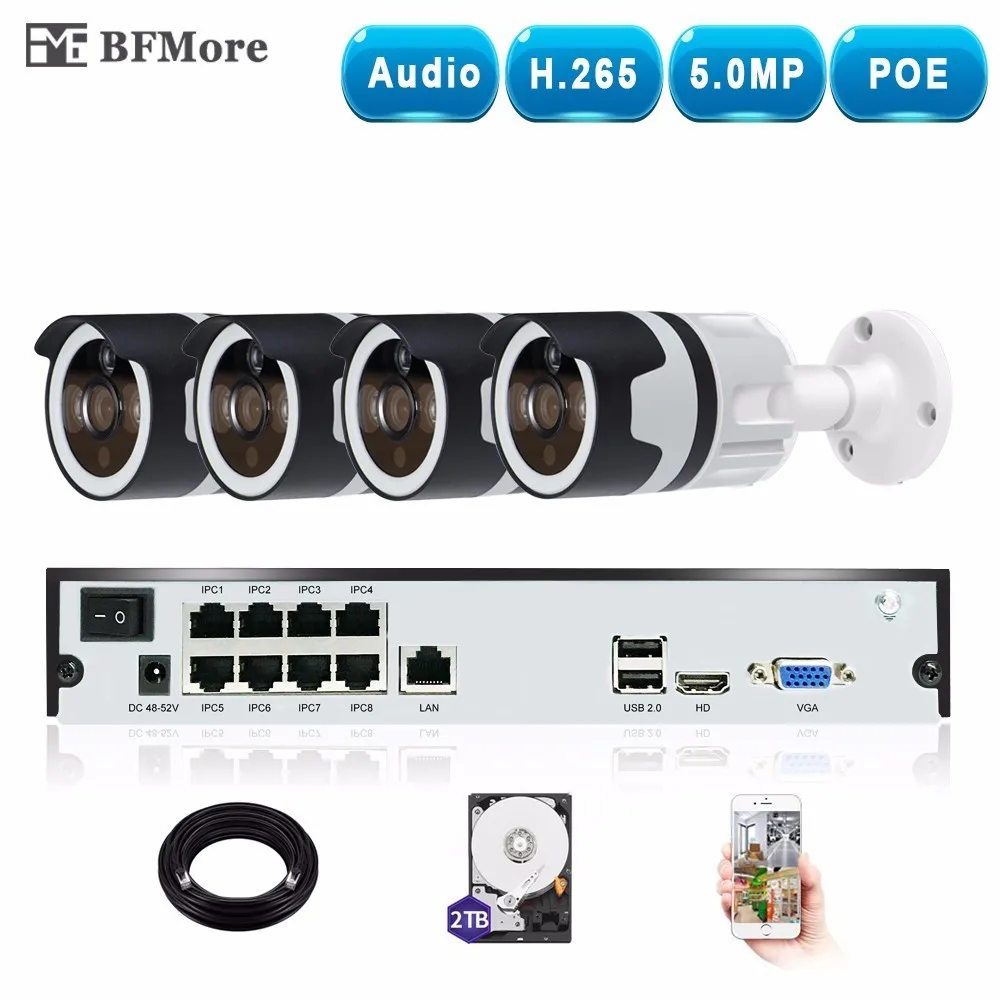 BFMore H.265 5.0MP POE+Audio 4CH NVR Kit CCTV System IP Camera P2P IR IP66 Weatherproof Security Surveillance Set Email Alarm |