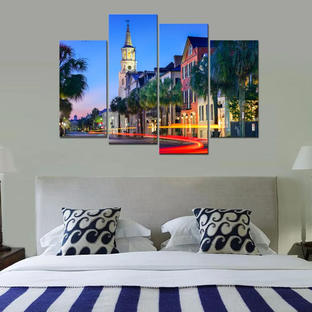 Городской пейзаж ночной уличный современные Жикле Холст принты современный