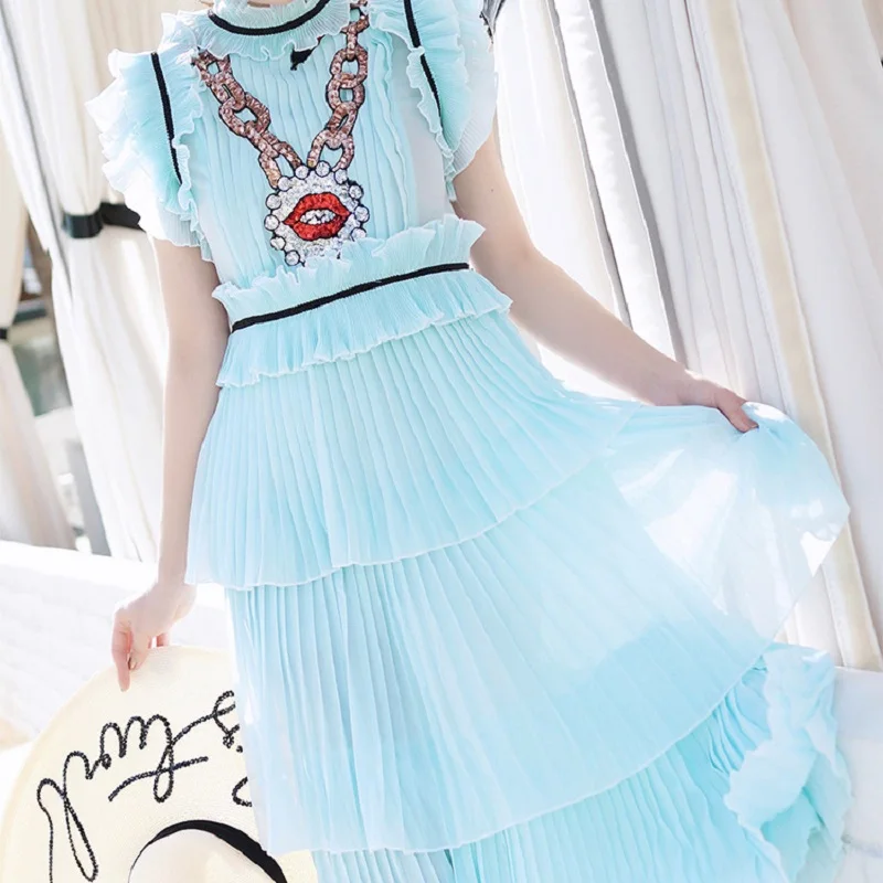 Boho подиумная женская красная губы блестки синяя Шифоновая туника длинные оборки