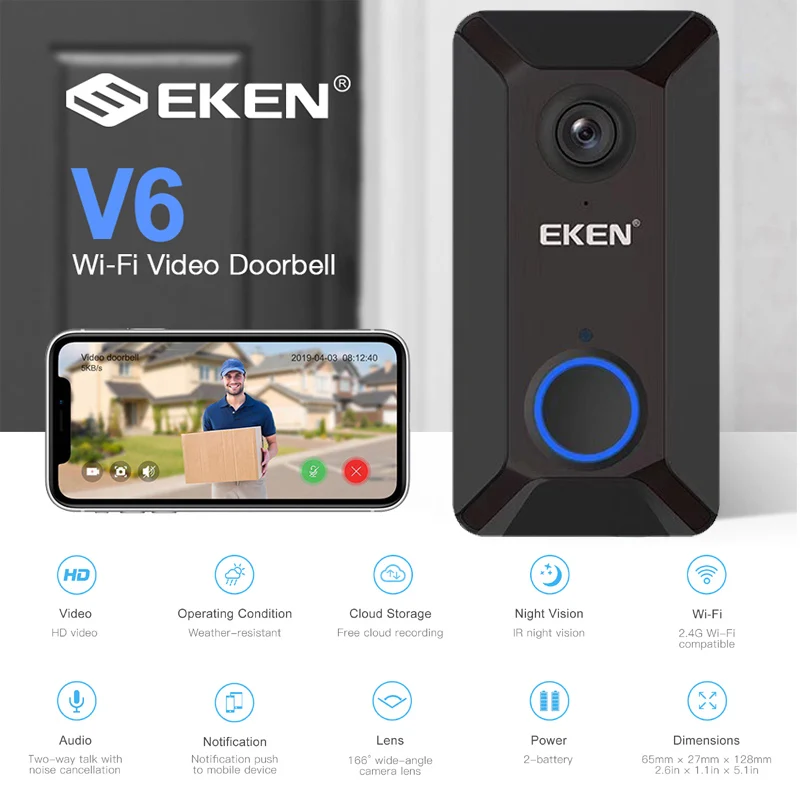 Камера дверного звонка EKEN V6 умная беспроводная камера 720P с облачным хранилищем