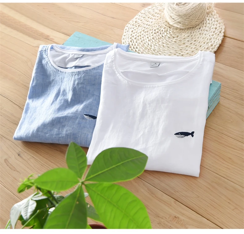 Мужская Летняя мода, брендовая футболка в японском стиле с вышивкой Кита, хлопковая льняная футболка с коротким рукавом и круглым вырезом, мужская повседневная тонкая футболка