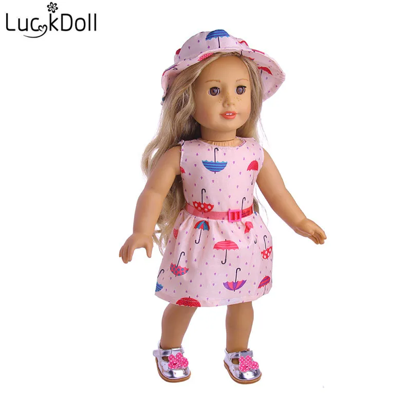 LUCKDOLL/платье с цветочным принтом и шляпы подходят для 18 дюймов американский