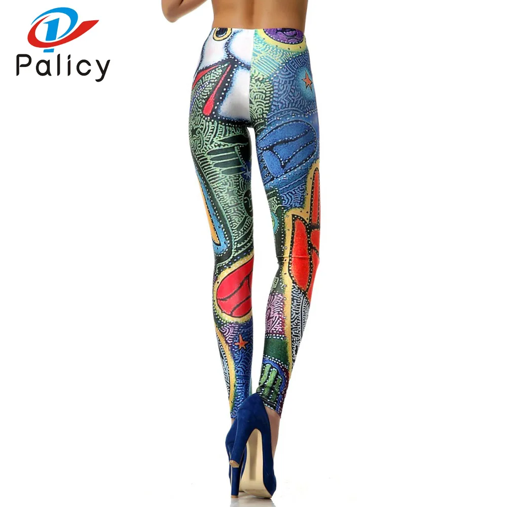 Palicy Women Leggings Fashion 3D Printed Punk Slim Strench Pants Trousers Leggins Vintage Patchwork Pattern Mid Waist Leggings