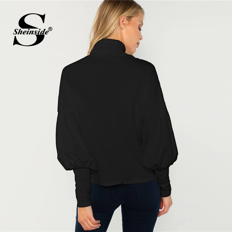 Sheinside, черная Офисная Женская толстовка, водолазка, нога баранины, рукав, пуловер, женские Топы с длинным рукавом,, повседневные толстовки