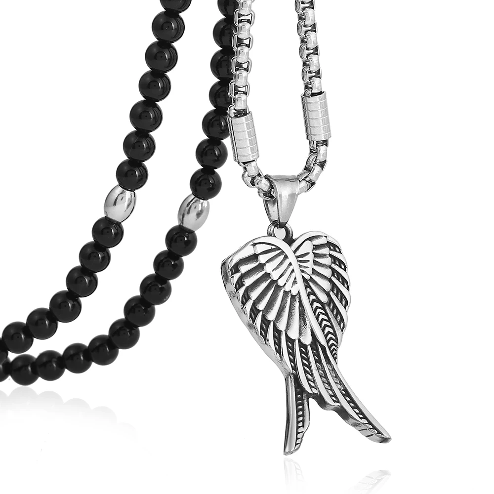 

Men's 316L Stainless Steel Angel Wings Pendant Necklace with Black Natural Stone Chain 26"