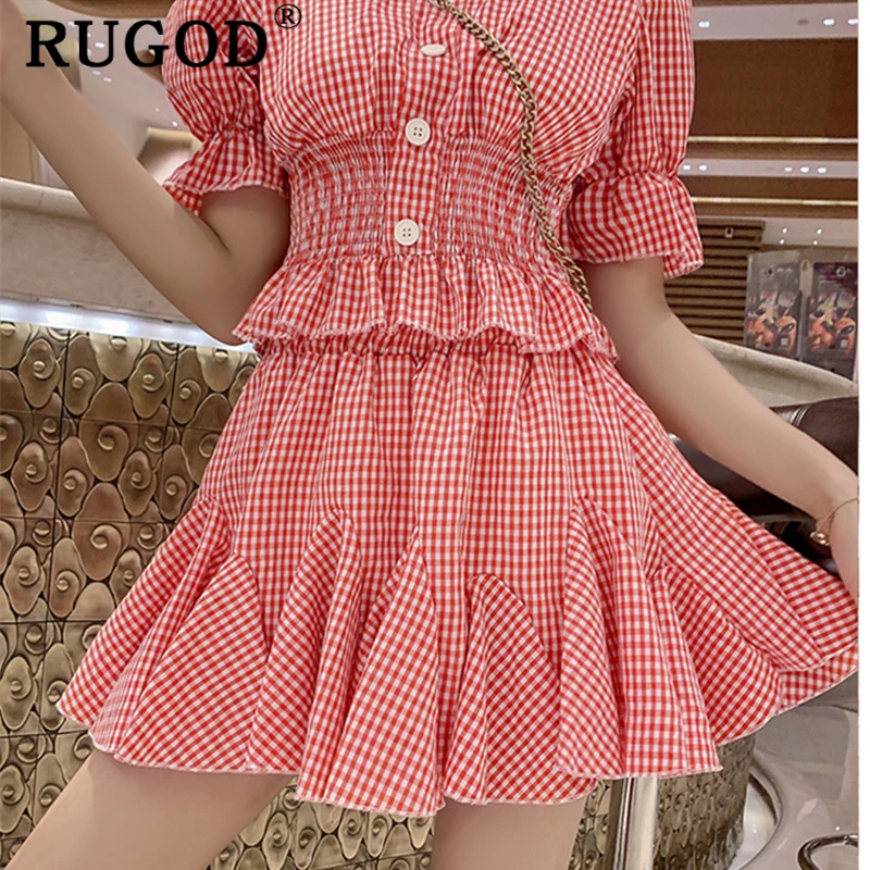 Женский комплект из 2 предметов RUGOD Корейская шикарная клетчатая юбка с оборками