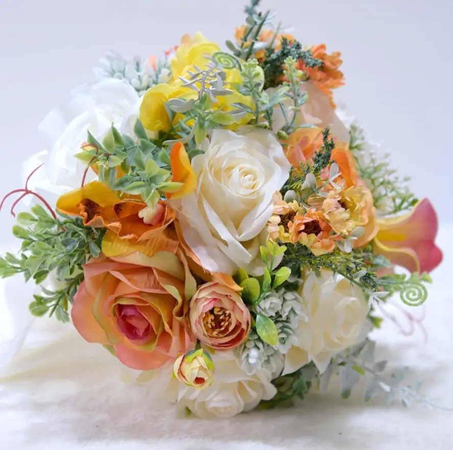Silk Roses Wedding Bouquet for bridesmaids Bridal Bouquets White Pink Artificial Flowers Mariage Supplies Home Decoration s163 - Цвет: Orange