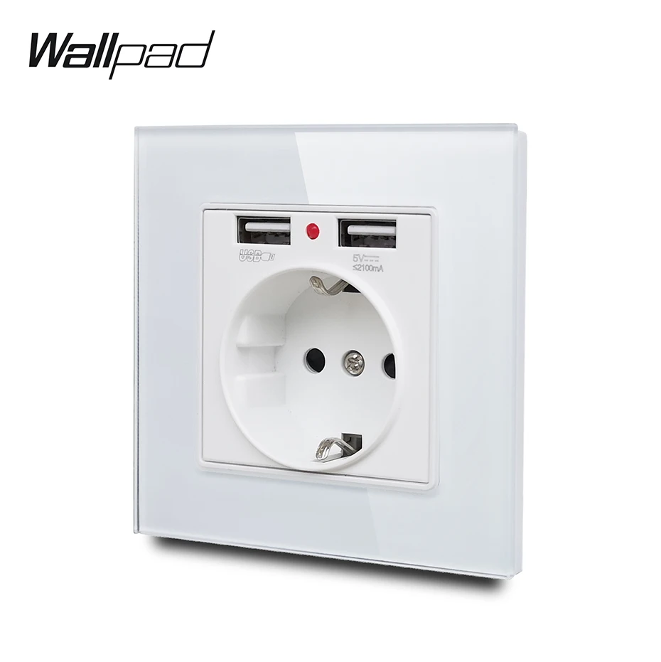 Wallpad S7 бело-черные Стекло Панель Европейская Сетевая розетка с 2.1A 2 x зарядка через usb Порты, с переключением между дальним и Мощность выходе пластины