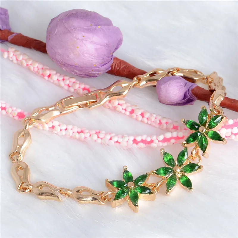 green SHUANGR модные новые женские/дамские Заполненные 5 цветов цветок CZ камни австрийский кристалл браслеты и браслеты ювелирные изделия - Окраска металла: green