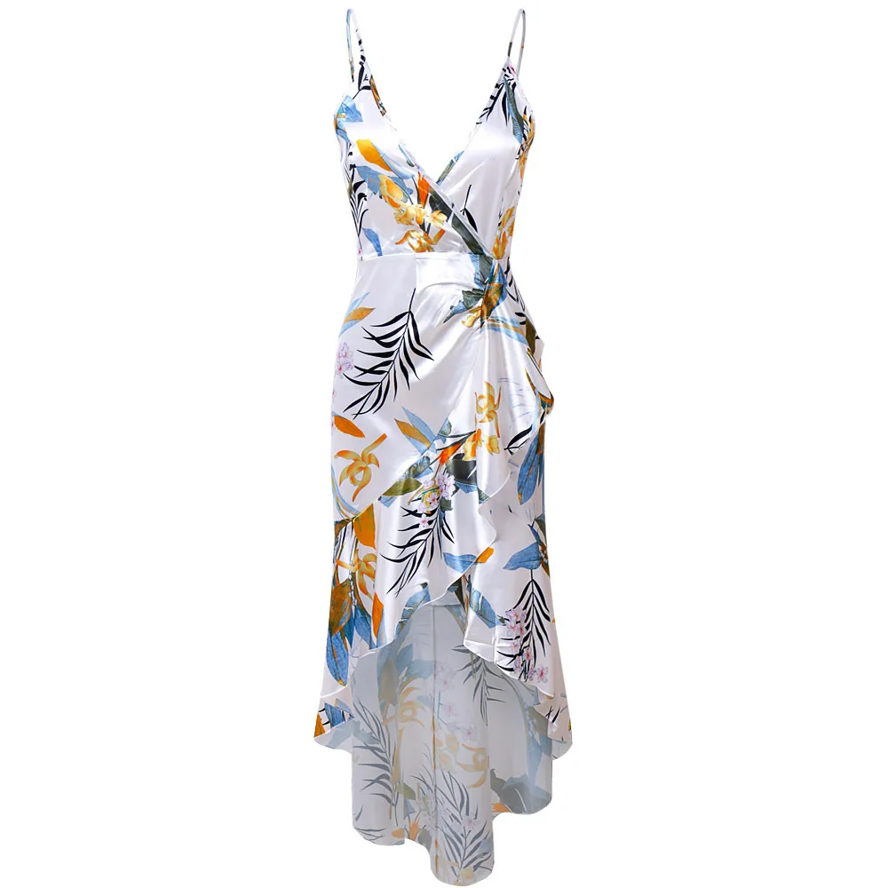 Женское летнее платье на бретельках спагетти с оборками нестандартное длинное