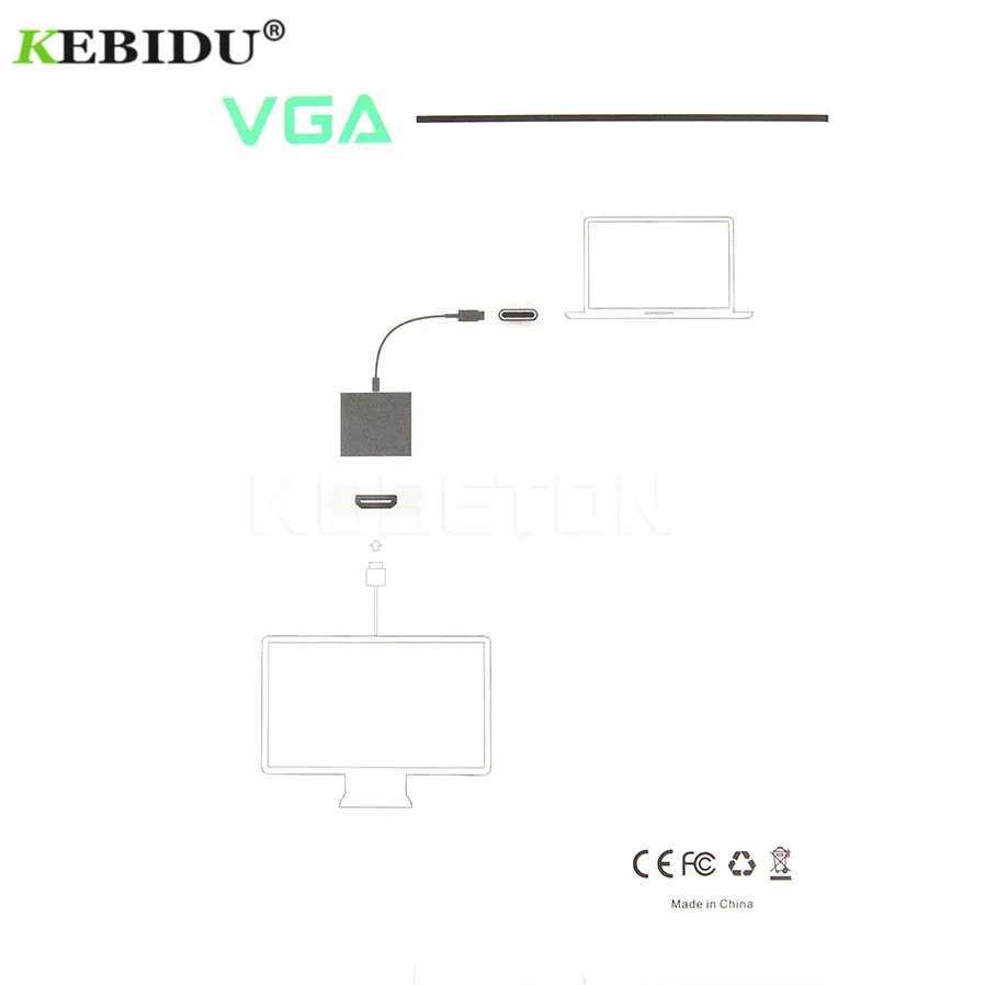 Адаптер Kebidu с Type C на VGA USB 3 1 гнездо адаптер для Macbook 12 дюймов Chromebook Pixel Lumia 950XL Galaxy