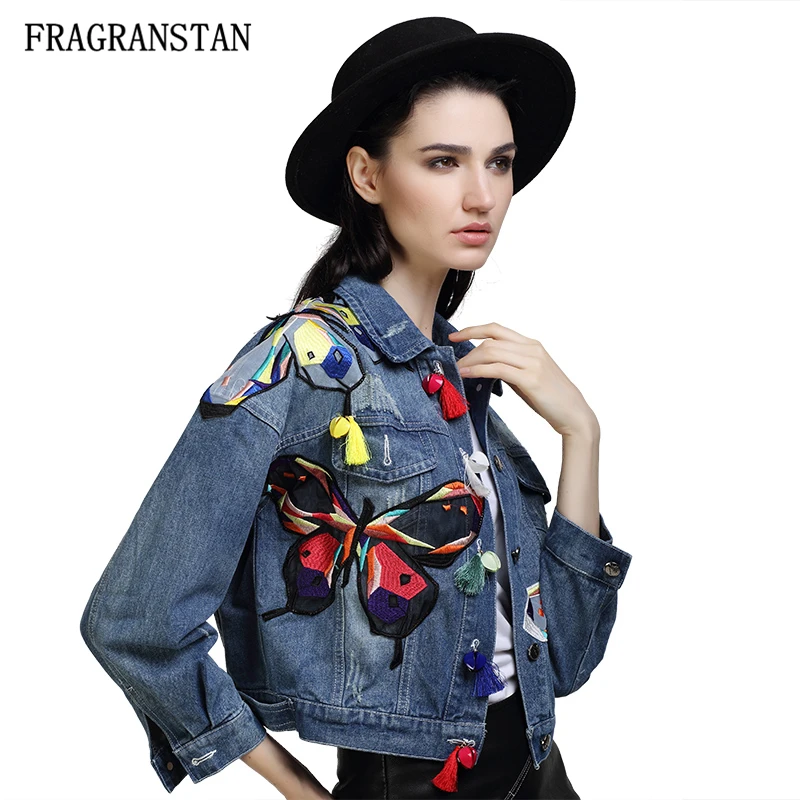 Куртка женская демисезонная из денима с бабочкой и вышивкой|denim coat|denim coat womenfrayed
