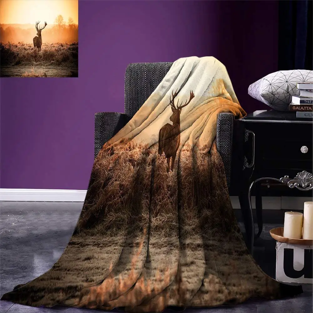 

Hunting Decor Throw Blanket Red Deer in the Morning Sun Wild Nature Scenery Countryside Rural Heathers Warm Microfiber