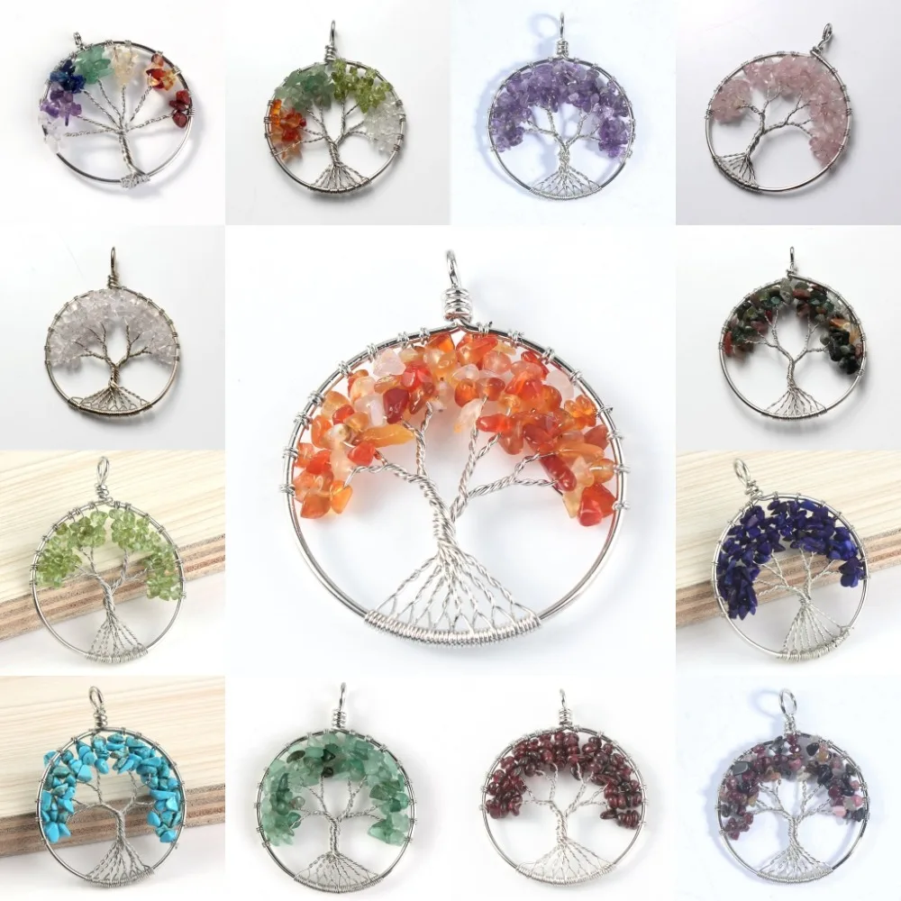 

Trendy-beads Silver Plated Mixed Quartz Gravel Wire Wrapped Wisdom Tree of Life Round Pendant Fashion Jewelry
