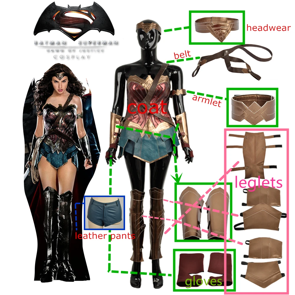 BatmanvSuperman: Dawn of Justice Wonder Woman Diana Costume Golden Rope(бесплатно) Взрослый Косплей корсет платье+ женский парик