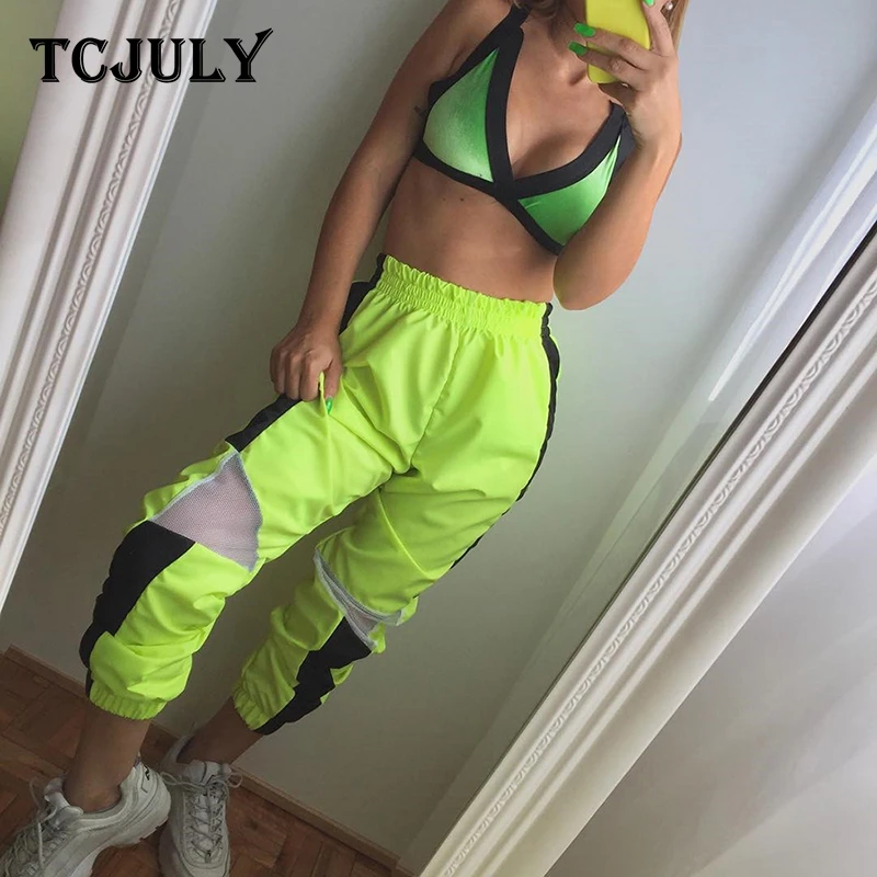 TCJULY модные Лоскутные Летние штаны с высокой талией штаны для уличного бега повседневные неоновые зеленые прямые штаны