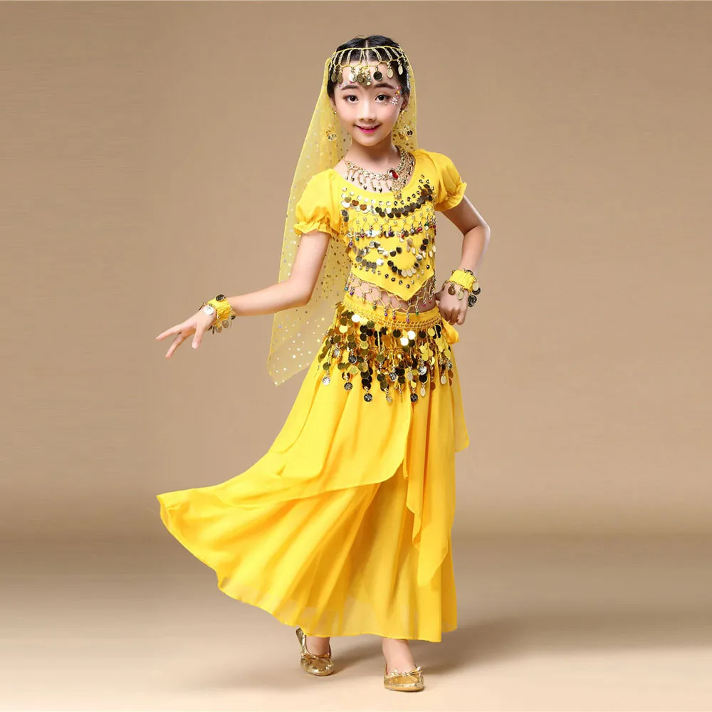 Baby Boys Summer Clothes Set Cotton Kids' Girls Belly Dance Outfit Costume India Top+Skirt Yellow F419 | Детская одежда и