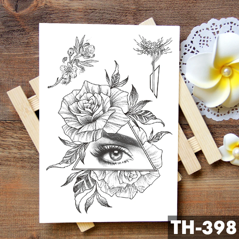 Geometric Flower Rose Eye Leaves Waterproof Temporary Tattoo Sticker Diamond Peony Black Tattoos Body Art Arm Fake Tatoo | Красота и