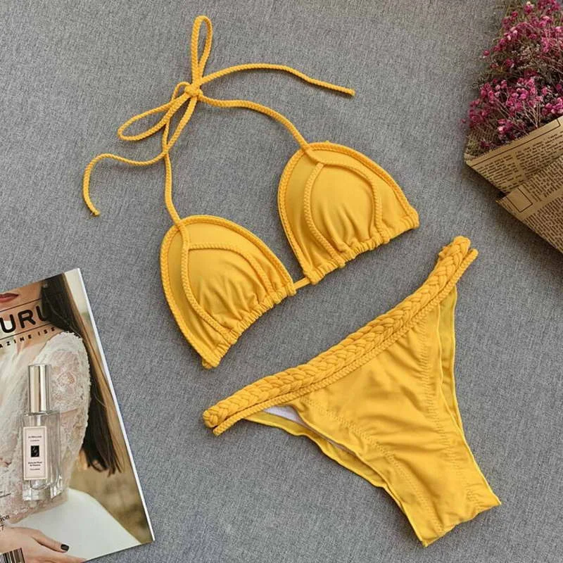 2019 High Quality Braided swimwear Two Piece Solid Color Thong Sexy Women Swimsuit |